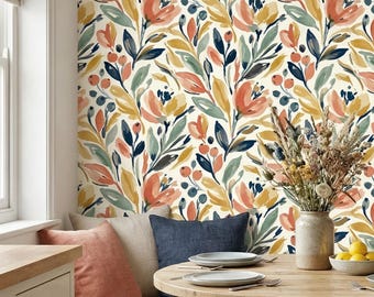 Papel pintado de flores silvestres con diseño floral costero en acuarela, estilo botánico y caprichoso para la decoración de paredes del hogar - OPD538