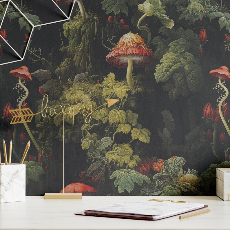 Whimsical Mushroom Wallpaper Vintage Dark Forest Wall Decor Peel and ...