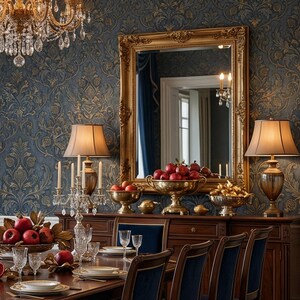 May include: Elegant dining room with a dark wood table set for a meal. The room features a large gold-framed mirror, a chandelier, and a buffet with decorative bowls of fruit. The chairs have blue velvet backs.