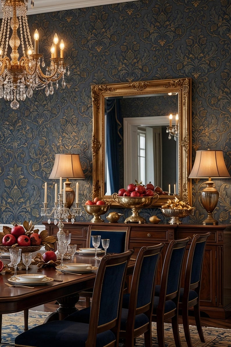 May include: Elegant dining room with a dark wood table set for a meal. The room features a large gold-framed mirror, a chandelier, and a buffet with decorative bowls of fruit. The chairs have blue velvet backs.