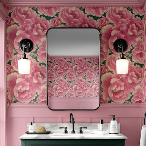 Carta da parati rimovibile, stacca e attacca o permanente, carta da parati tradizionale, grande decorazione da parete con peonie rosa, chinoiserie, carta da parati floreale rosa vintage