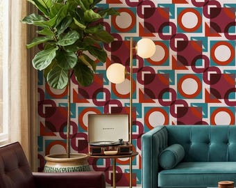 Papel pintado retro geométrico de mediados de siglo en tonos verde azulado, naranja y burdeos para decoración vintage de paredes del hogar - OPD533