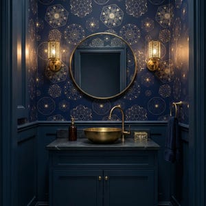 Op de afbeelding: Een badkamermeubel met een donkerblauwe kast, een donker stenen blad, een messing waskom en een bijpassende messing kraan. Boven het meubel hangt een ronde spiegel, geflankeerd door twee messing wandlampen tegen een donkerblauw behang met gouden geometrische patronen.