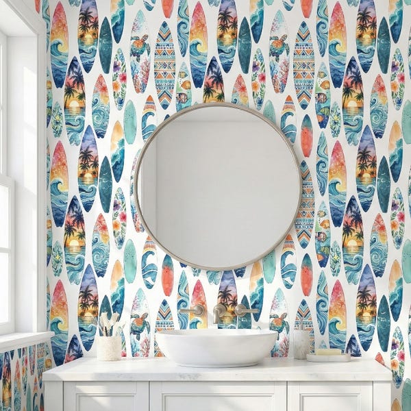 Surfboard Wallpaper Coastal Beach Surf Kids Tropical Ocean Unique Wall Decor - OPD430