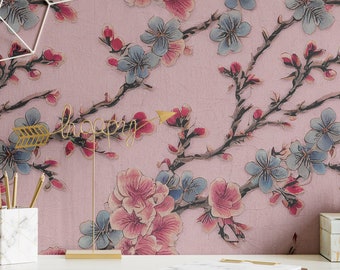 Wallpaper Colorful Pink Cherry Tree Vintage Chinoiserie Cherry Blossom Mural Removable Peel and Stick or Permanent Traditional Wallpaper