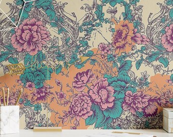 Wallpaper Botanical Boho Funky Toile Wallpaper Unique Toile Peel and Stick Wallpaper Retro Renters Wallpaper Removable Vintage Decal