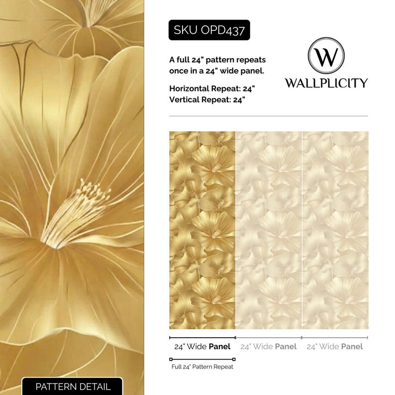 The image is a collage of three images, each depicting a gold flower pattern. The first image shows a full 24" wide panel of the pattern, the second image shows a 24" wide panel of the pattern, and the third image shows a 24" wide panel of the pattern. The collage is titled "SKU OP Diamond" and includes a pattern detail that describes the pattern in 24" wide panels.