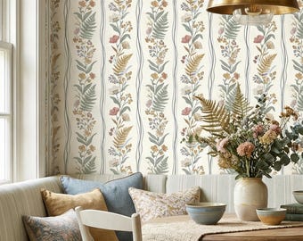 Whimsical English Floral Bouquet Wallpaper Striped Wildflower Cottagecore Home Wall Decor - OPD529