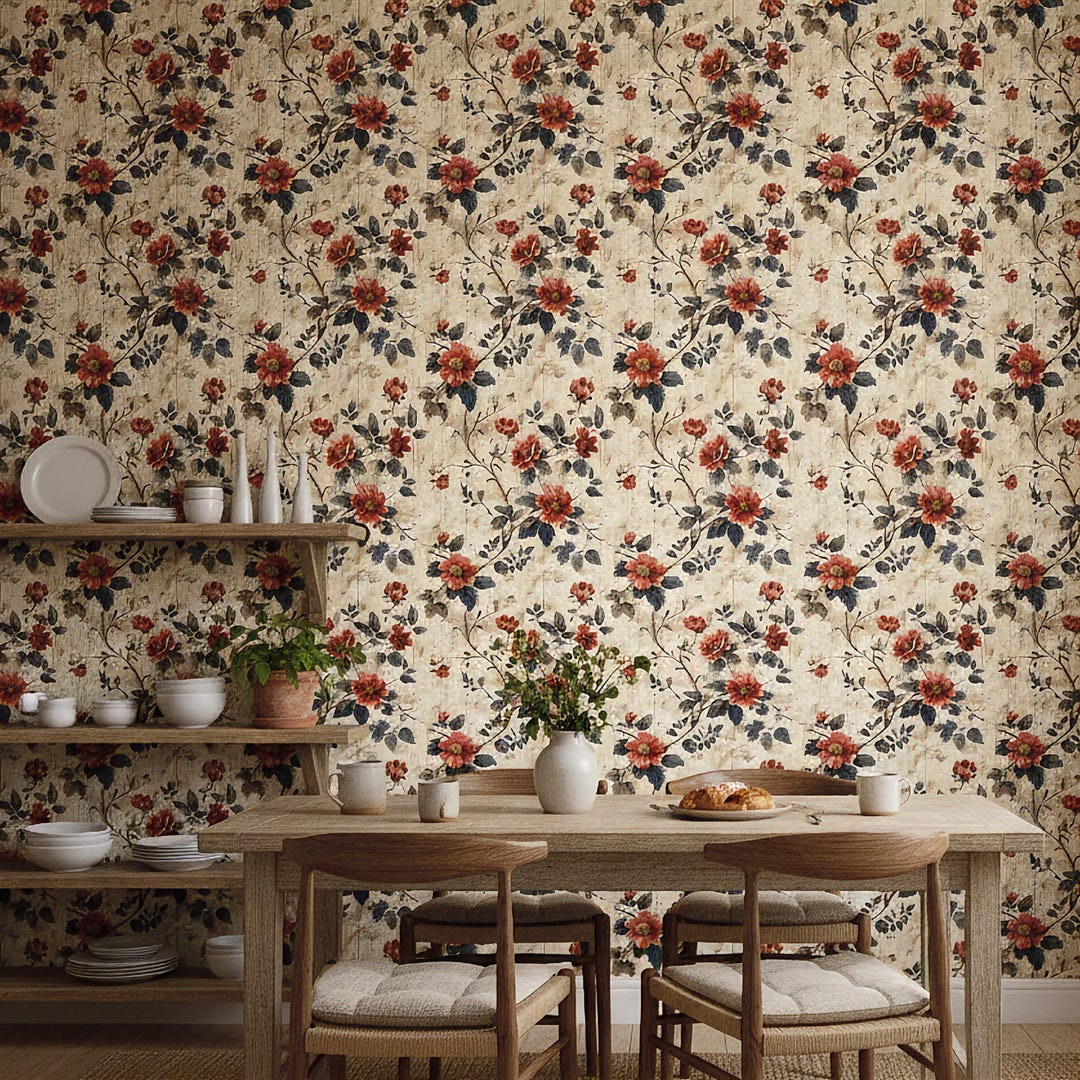 Rustic Floral Wallpaper Vintage Cottage Wall Decor Peel and Stick or ...