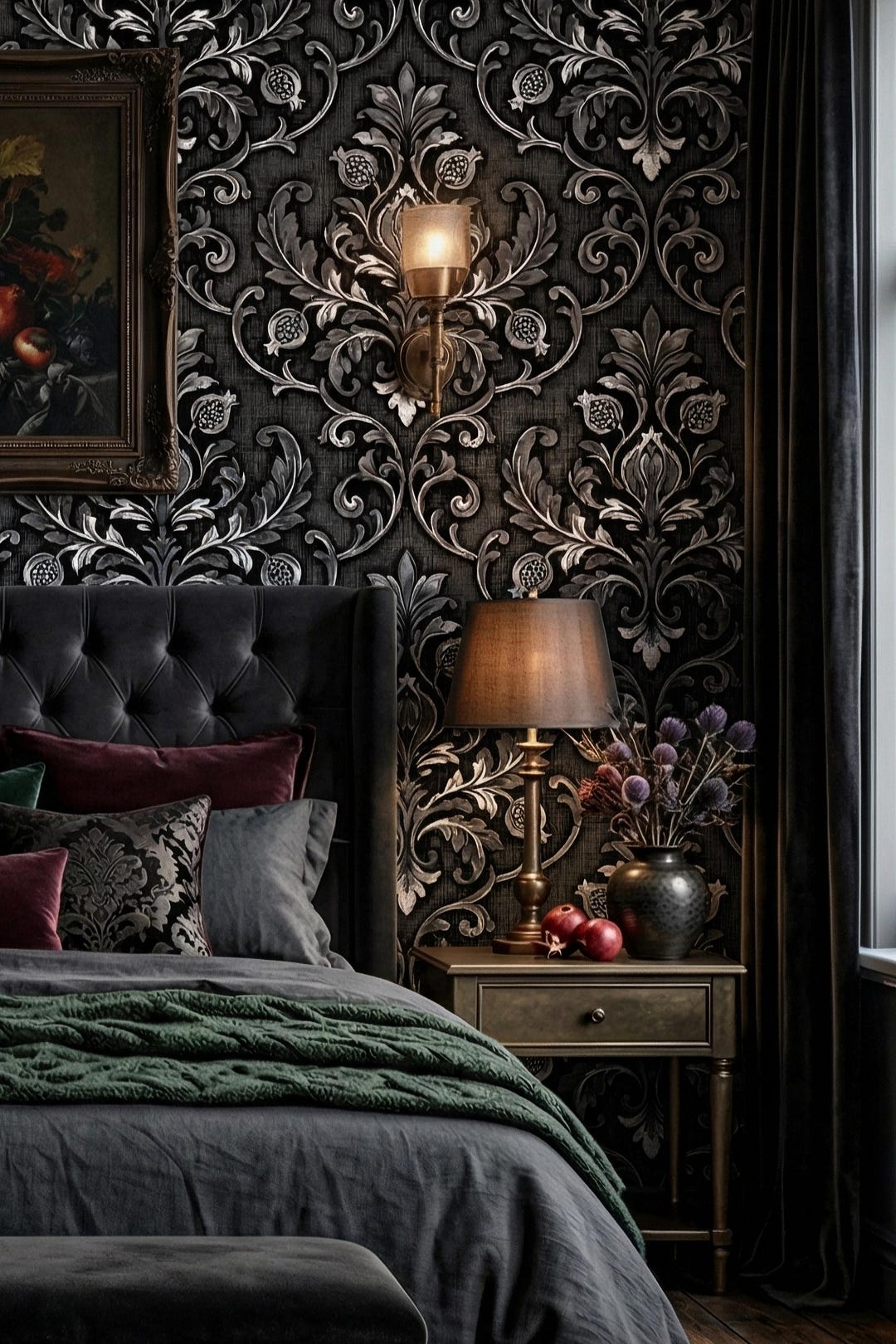Dark Gothic Damask Wallpaper Black Silver Vintage Scrollwork Moody Home ...