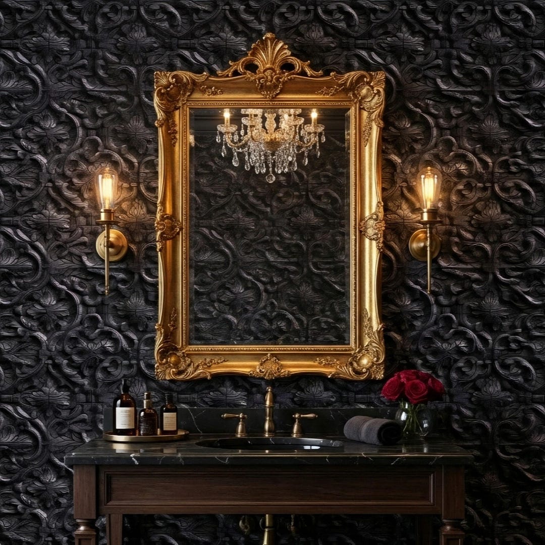 Dark Gothic Baroque Wallpaper Black Faux Embossed Scrollwork Goth Tin