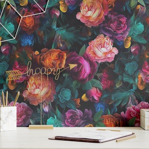 Funky Peony Wallpaper, Unique Peel and Stick Wallpaper, Removable Luxury Wall Decor, Dark Botanical Renters Wallpaper, Whimsical Wallpaper