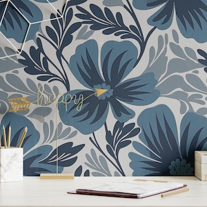 Carta da parati rimovibile Peel and Stick o permanente Carta da parati tradizionale Botanical Navy Grande decorazione floreale da parete Decorazione per la casa Arte da parete Decorazione per la stanza