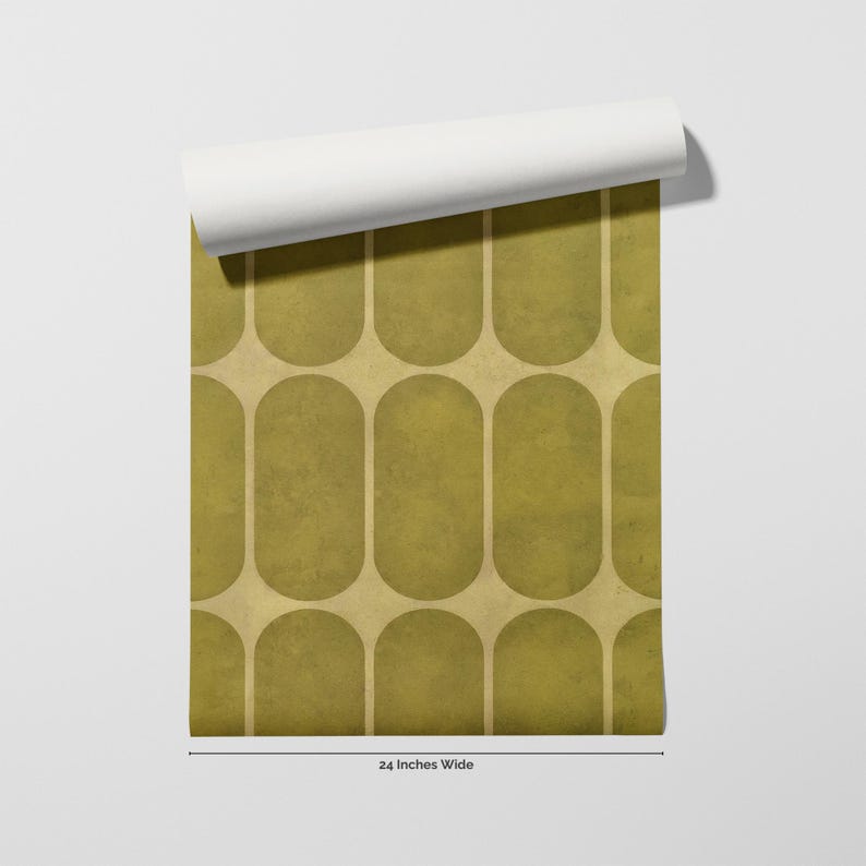 Mid Century Geometric Wallpaper Olive Gold Cream Retro Bold Home Wall Decor Peel and Stick or Traditional flat roll