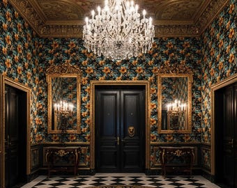 Papel pintado floral barroco oscuro con decoración vintage en verde azulado y dorado - OPD49