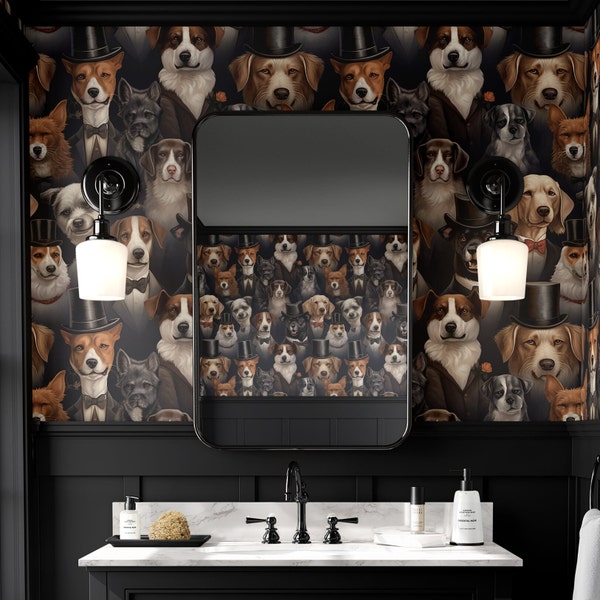 Papier peint vintage chien foncé luxe décoration murale funky maximaliste amoureux des animaux de compagnie murale amovible autocollant ou papier peint traditionnel permanent