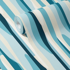 Papier peint bleu vintage des années 70 à rayures funky, décoration murale colorée cool et rétro, amovible autocollant ou papier peint traditionnel permanent