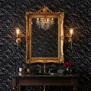 Dark Gothic Baroque Wallpaper Black Faux Embossed Scrollwork Goth Tin Wall Decor - OPD148