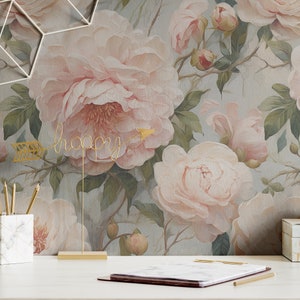 Desk with Vintage Flower Wallpaper Botanical Luxury Floral Wall Decor Whimsical Garden Removable Peel and Stick or Permanent Traditional Wallpaper.