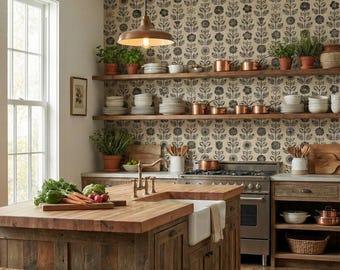 Vintage Scandinavian Wallpaper Neutral Floral Block Print Black Beige Boho Farmhouse Wall Decor - OPD453