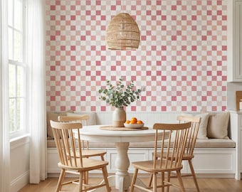 Gingham Wallpaper Blush Pink Checkerboard Plaid Wall Decor Peel and Stick or Traditional - OPD341