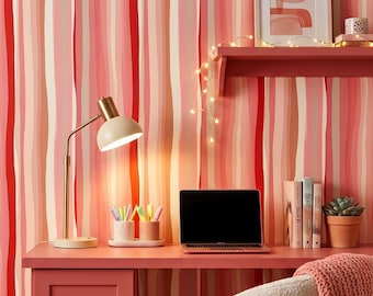 Retro Pink Striped Wallpaper Funky Accent Home Wall Decor Peel Stick or Traditional - OPD176