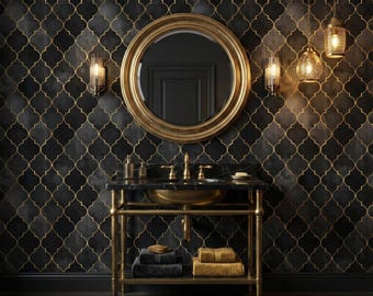 Dark Art Deco Wallpaper Black Retro Gold Trellis Geometric Mid-Century Modern Wall Decor - OPD489