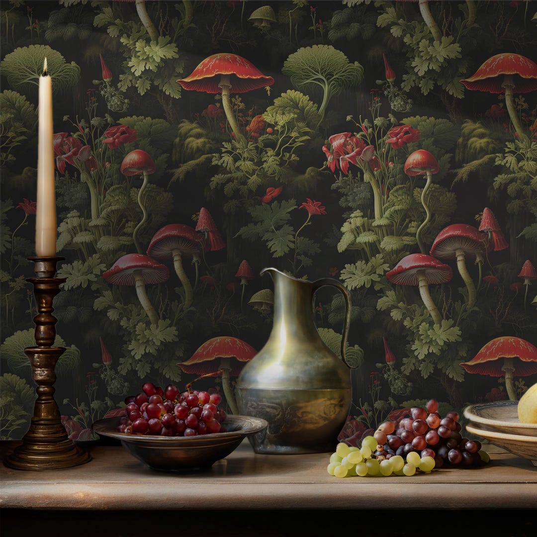 Whimsical Mushroom Wallpaper Vintage Botanical Forest Wall Decor Peel ...