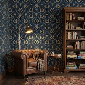 a cozy and elegant living room with a leather armchair, a wooden bookshelf filled with books, and a patterned rug on the floor.