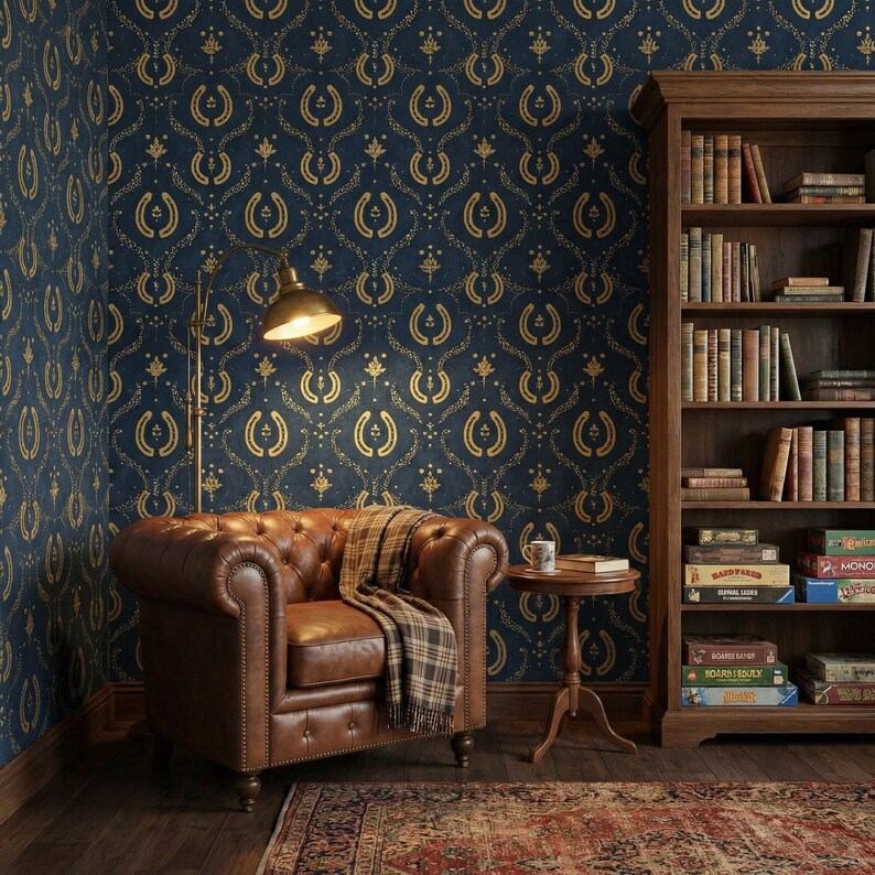 a cozy and elegant living room with a leather armchair, a wooden bookshelf filled with books, and a patterned rug on the floor.