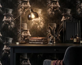 Funky Chicken Wallpaper Dark Moody Victorian Animals in Top Hats Home Wall Decor Peel and Stick or Traditional - OPD569