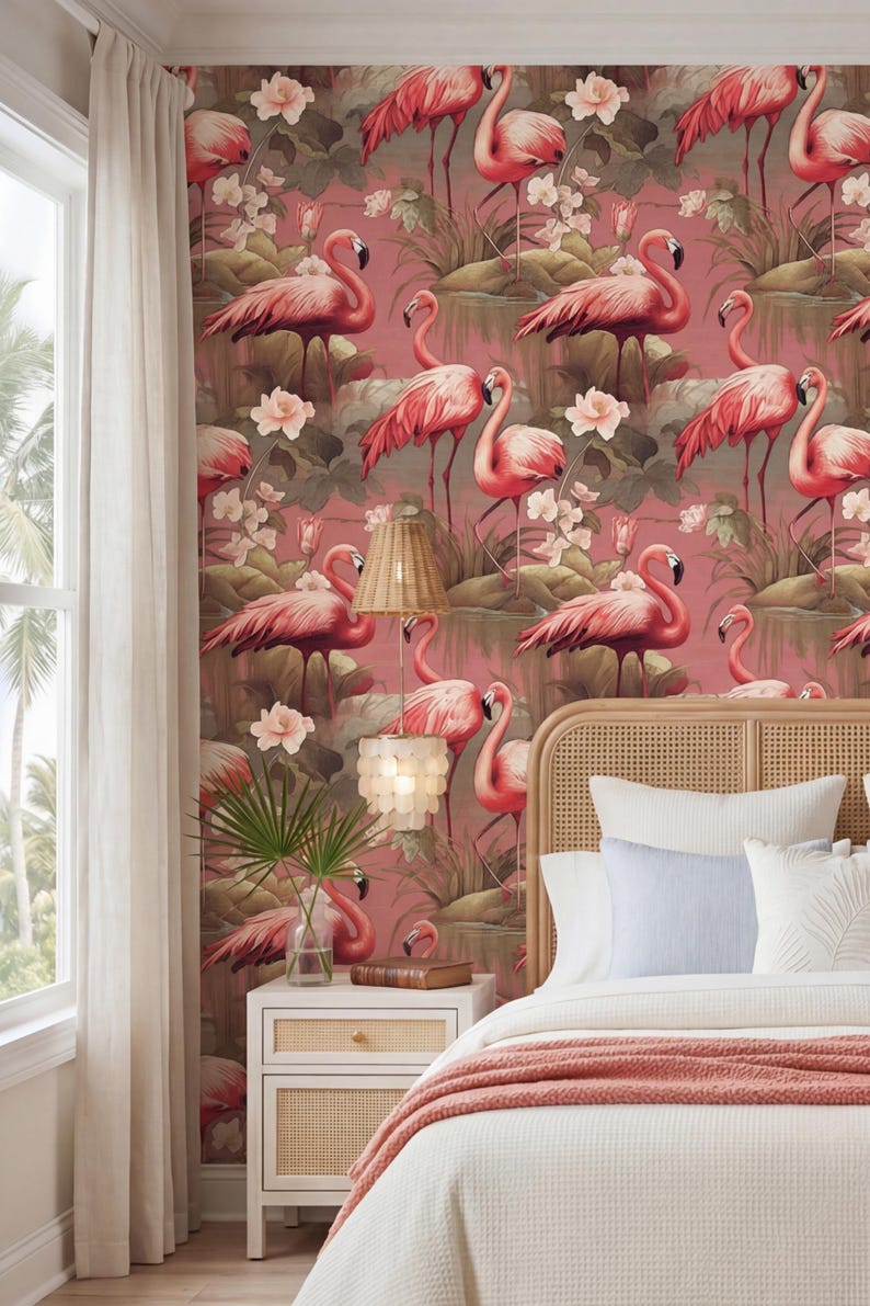May include: A bedroom scene featuring a flamingo-themed wallpaper in shades of pink and green. The wallpaper depicts pink flamingos amidst flowers and foliage. The room includes a bed with white bedding, a rattan headboard, and a nightstand with a lamp.