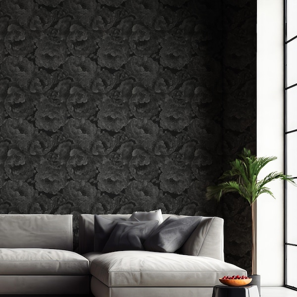 Papier peint gothique pivoine noire, décoration murale chinoiserie vintage ou traditionnelle - OPD7