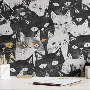 Carta da parati Funky Fun Black White Cat Luxury Wall Decor Whimsical Pet rimovibile staccare e attaccare o permanente tradizionale carta da parati