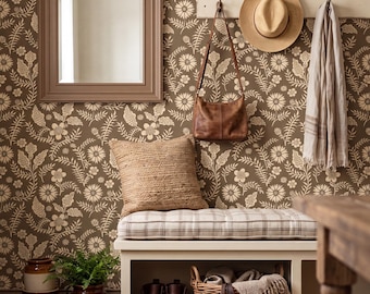 Neutral Floral Scandinavian Wallpaper Block Print Wall Decor Peel and Stick or Traditional - OPD11