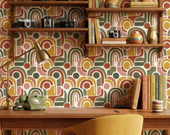 Papel pintado original con diseño vintage de arcos arcoíris geométricos de mediados de siglo para decoración retro de paredes del hogar - OPD537