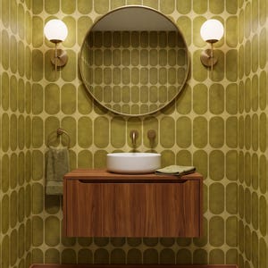 Mid Century Geometric Wallpaper Olive Gold Cream Retro Bold Home Wall Decor Peel and Stick or Traditional shown in a powder