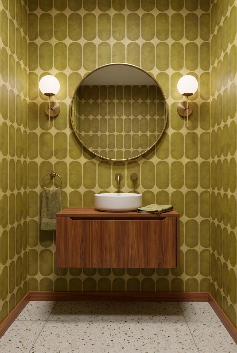 Mid Century Geometric Wallpaper Olive Gold Cream Retro Bold Home Wall Decor Peel and Stick or Traditional shown in a powder