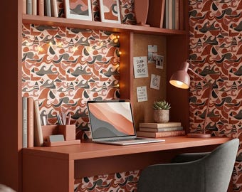 Retro Geometric Wallpaper Terracotta Rust Abstract Wave Mid Century Home Wall Decor Peel and Stick or Traditional - OPD556