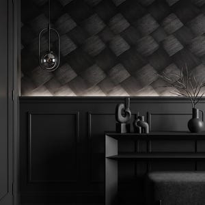 Peut inclure: Une console noire avec une étagère inférieure, présentant deux objets sculpturaux abstraits et un vase avec des branches nues. Le mur derrière a un papier peint à motif tissé sombre au-dessus d'une lambris, éclairé par une suspension.