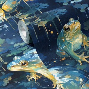 Carta da parati Dreamy Frog Dark Moody Decorazione murale di lusso Whimsical Blue Watercolor Carta da parati tradizionale rimovibile stacca e attacca o permanente