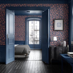 Carta da parati Retro Navy Peach Daisy Botanico Lusso Decorazione murale Colore personalizzato Floreale Rimovibile Peel and Stick o Permanente Carta da parati tradizionale
