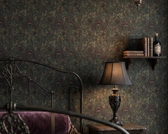 William Morris Wallpaper Dark Floral Damask Victorian Burgundy Gold Home Wall Decor Peel and Stick or Traditional - OPD572