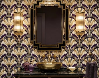 Papel pintado Art Déco vintage con bordes festoneados, arcos morados y dorados, decoración original para el hogar - OPD534