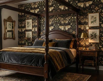 Vintage Moth Wallpaper Dark Academia Butterfly Botanical Unique Moody Wall Decor - OPD410