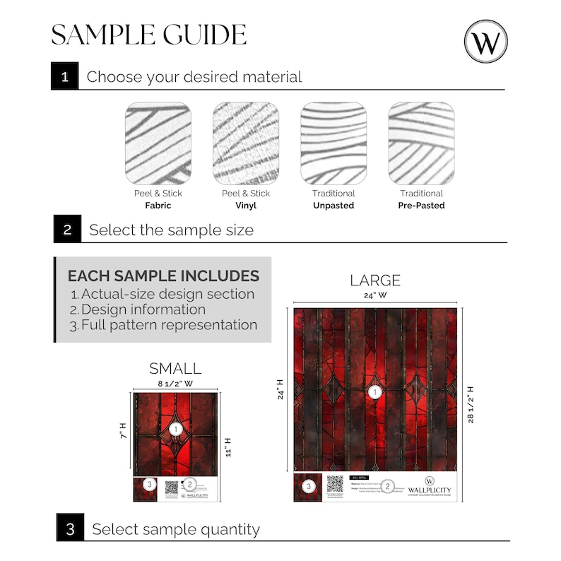 May include: A sample guide for wallpaper, featuring options for peel & stick fabric, peel & stick vinyl, traditional unpasted, and traditional pre-pasted materials. Sample sizes are small (8.5" W x 7" H) and large (24" W x 24" H).