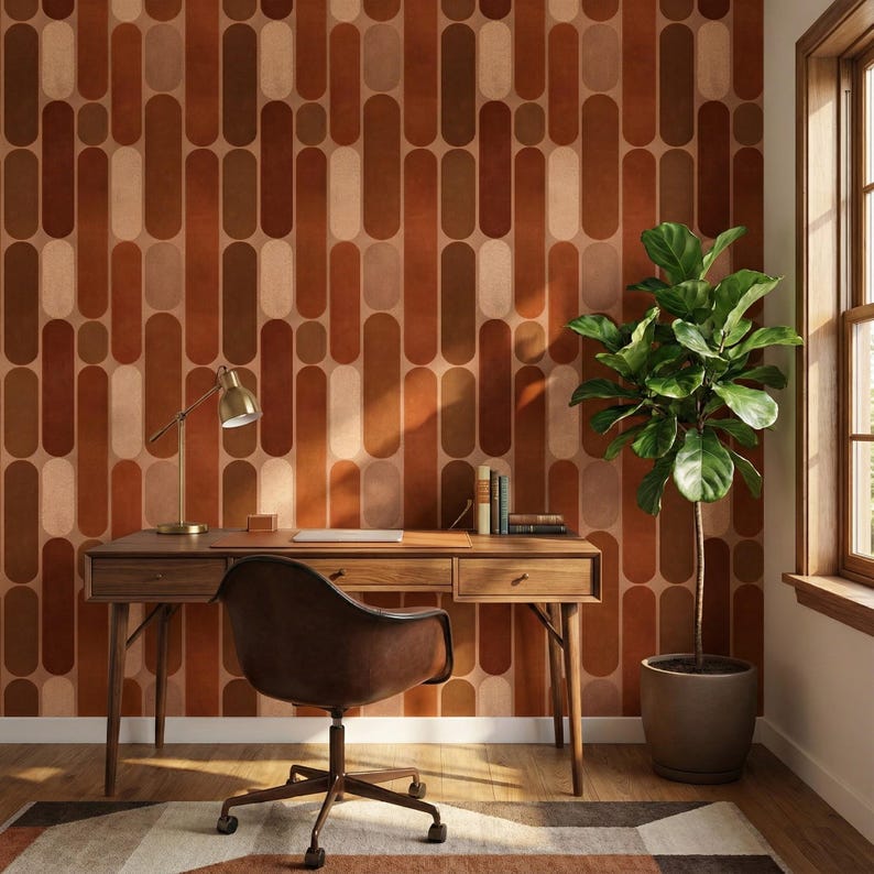 a modern workspace with a wooden desk, a comfortable leather chair, and a potted plant. The desk has a computer monitor and a lamp, creating a functional and stylish work environment.