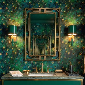 Papier peint vintage Paon vert vif, style rétro glamour, à poser ou à poser - OPD85