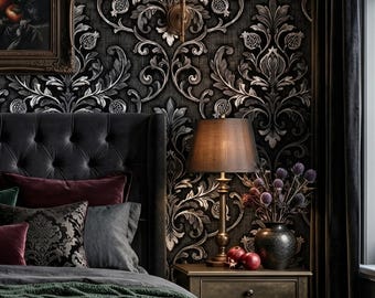 Dark Gothic Damask Wallpaper Black Silver Vintage Scrollwork Moody Home Wall Decor - OPD531