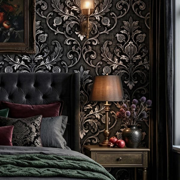 Tapeta w stylu Dark Gothic Damask w czarno-srebrnym stylu vintage z motywem spirali, dekoracja ścienna do domu - OPD531